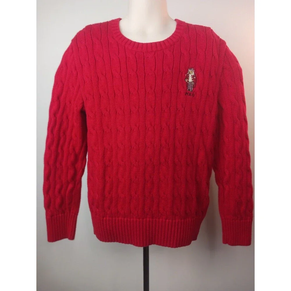 Polo Ralph Lauren Boys' Polo Bear Cable-Knit Cotton Sweater Red - Kids Sz. S (8)